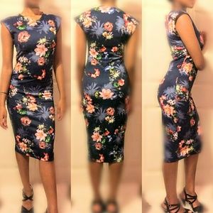 Calf length elegant blue flower printed dress